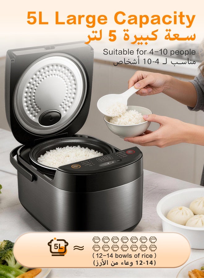 رويال ستار طنجرة أرز كهربائية مع جهاز تبخير وكوب قياس، سعة 5 لترات، وعاء داخلي غير لاصق، خاصية الحفاظ على الحرارة لمدة 24 ساعة ومؤقت لمدة 15 ساعة، 8 أوضاع طهي لأطعمة صحية، شوربة، خضراوات، وكيك - Image 2